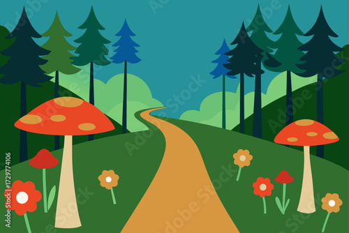 Whimsical forest path winding through rolling hills with oversized mushrooms and colorful flowers under a twilight sky