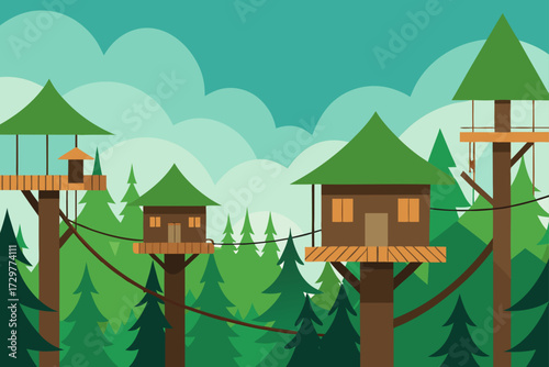 Flat design illustration of a whimsical forest canopy with interconnected treehouses and lush green pine trees under a cloudy sky