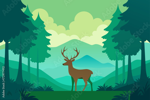 Majestic deer stands in a serene forest landscape with rolling hills and a cloudy sky in a flat design style