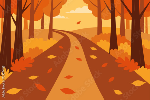 A winding path through an autumn forest with fallen leaves and warm orange and yellow hues