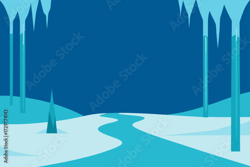 Abstract minimalist winter landscape with snow covered hills a winding river and dripping icicles against a deep blue sky