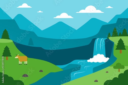 Flat design illustration of a serene mountain landscape with a cascading waterfall lush green hills pine trees and a lone goat