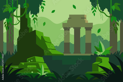 Ancient overgrown ruins of a temple structure nestled deep within a lush green misty jungle landscape with vines and foliage