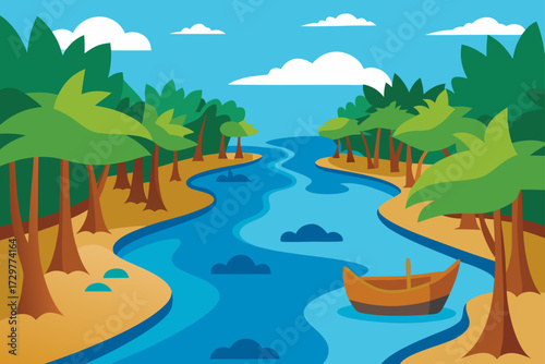 A vibrant stylized illustration of a winding river flowing through a lush tropical jungle with palm trees and a small boat