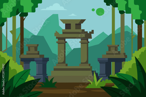 Ancient stone ruins and overgrown jungle foliage with distant mountains and a serene sky above