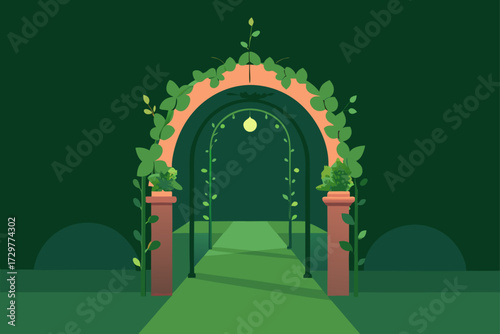 Enchanting garden archway covered in lush green vines leading to a serene pathway with soft lighting