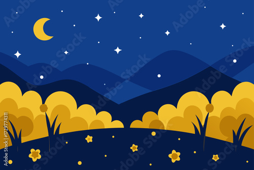 Whimsical night landscape with a crescent moon twinkling stars rolling hills and golden bushes under a deep blue sky