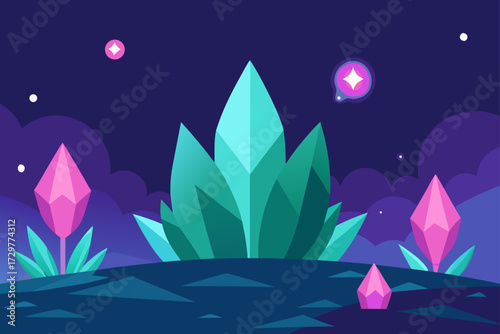 Surreal alien landscape with glowing geometric crystals and stars under a deep purple night sky
