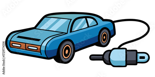 Illustration of a cartoon electric car being charged with charging cable