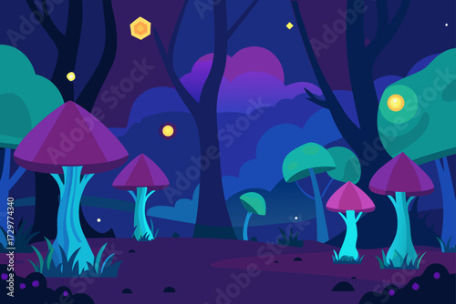 Enchanting fantasy forest at night with glowing mushrooms and whimsical trees under a starry sky