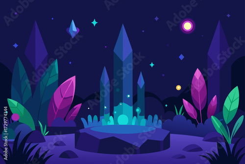 Mystical glowing crystals and alien plants in a dark fantasy landscape under a starry night sky with a moon