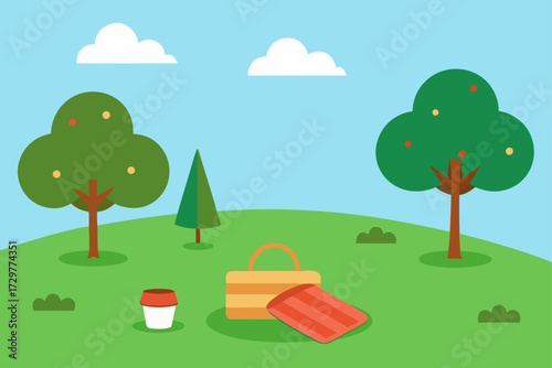 A cheerful flat illustration of a park scene with trees clouds a picnic basket and a drink perfect for outdoor leisure and relaxation themes