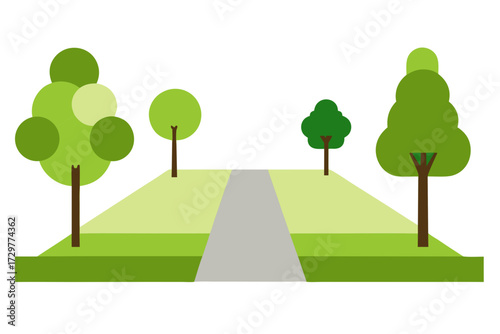 Stylized flat illustration of a park path with diverse green trees and layered green grass on a white background
