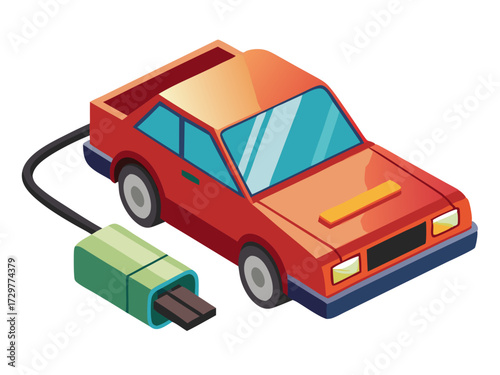 Isometric Illustration of an Electric Car with a Charging Plug Connected