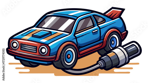 Illustrated blue cartoon sports car being charged by a wall charger cable