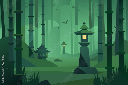 Tranquil japanese bamboo forest at dusk with traditional stone lanterns and pagodas casting a warm glow