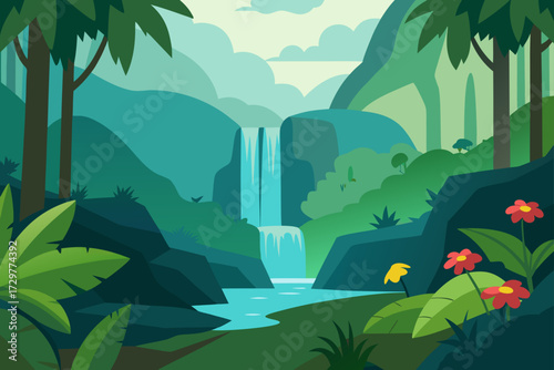 Vibrant tropical jungle landscape with a cascading waterfall flowing into a clear blue river surrounded by lush green foliage and colorful flowers