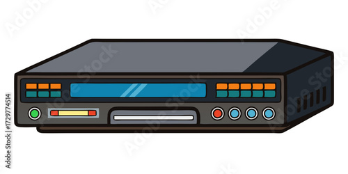 Stylized illustration of an old VCR player with buttons and display screen