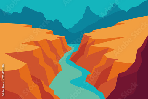 Stylized illustration of a winding river flowing through a vibrant orange canyon with distant blue mountains under a teal sky