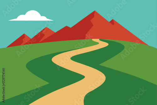 A winding dirt path leads through rolling green hills towards majestic red mountains under a clear blue sky with a single white cloud