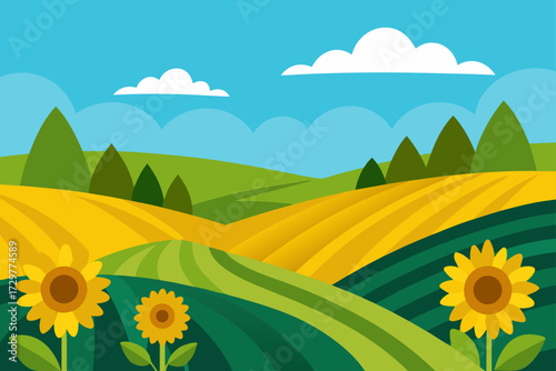 Vibrant cartoon illustration of a rolling landscape with sunflowers golden fields green hills and fluffy clouds under a bright blue sky