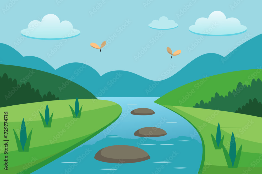 Fototapeta premium A serene cartoon landscape featuring a winding river flowing through green hills under a clear blue sky with fluffy clouds and floating leaves