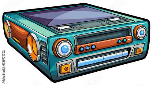 Vibrant Retro Style Cartoon Radio with Rounded Buttons and Smooth Lines