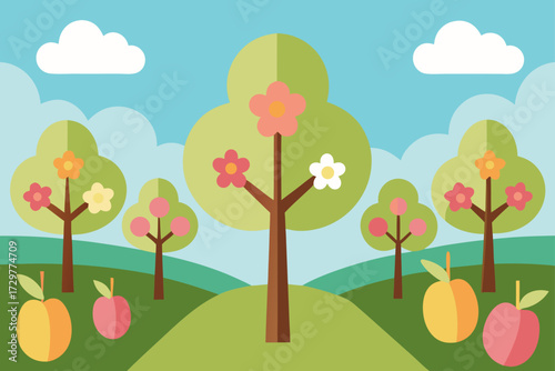 A charming flat design illustration of a vibrant spring landscape with blooming trees and ripe apples under a clear blue sky with fluffy clouds