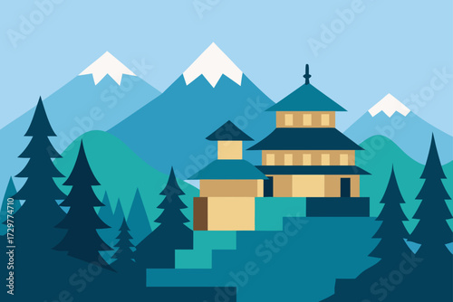 Stylized japanese temple nestled among snow capped mountains and evergreen trees in a serene landscape