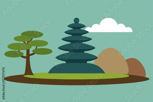 Stylized flat illustration of a multi tiered pagoda temple with a green tree and rolling hills under a cloudy sky