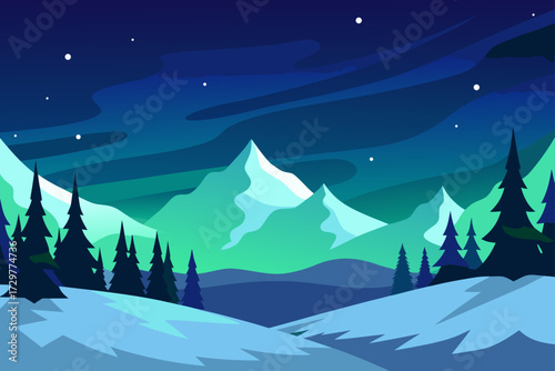Stylized flat illustration of a serene winter mountain landscape at night with snow covered peaks and pine trees under a starry sky