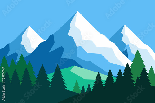 Stylized flat design of snow capped mountains with evergreen trees in the foreground under a clear blue sky