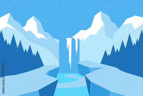 Stylized flat illustration of a frozen winter landscape with snow capped mountains icy cliffs and a winding river flowing through a gorge