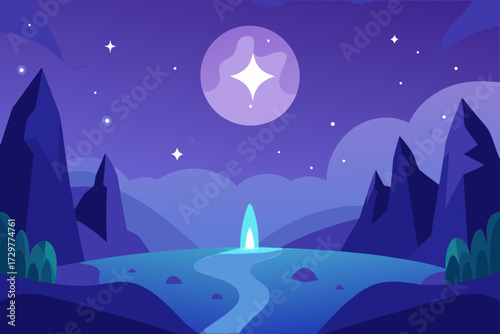 Enchanting night landscape with a glowing ethereal light source in a calm body of water surrounded by mountains and starry sky