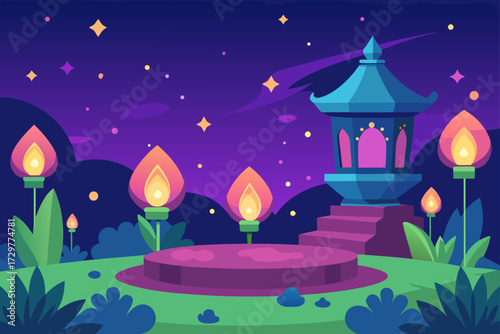 Enchanting night scene with glowing lanterns and a traditional asian pagoda under a starry purple sky