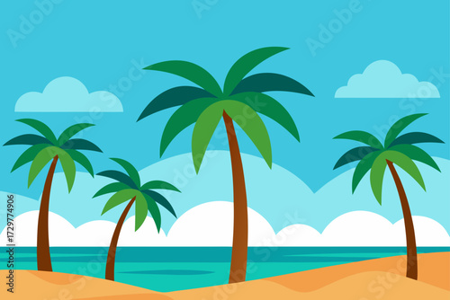 Vibrant flat illustration of a tropical beach scene with palm trees ocean sand dunes and fluffy clouds under a clear blue sky