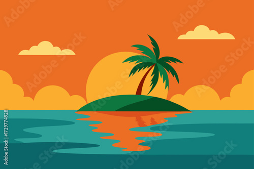 Idyllic tropical island with a single palm tree and a vibrant sunset reflected in the calm ocean water