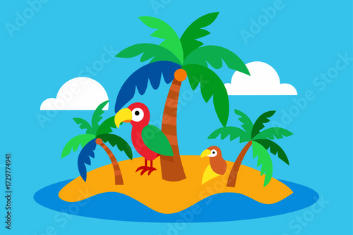 Two colorful cartoon parrots on a tropical island with palm trees and clouds under a bright blue sky