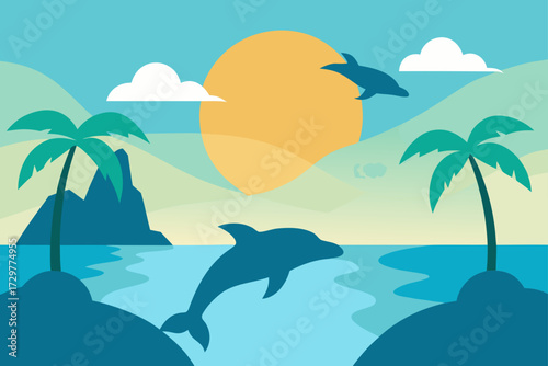 Vibrant tropical island scene with jumping dolphins palm trees and a large sun setting over the ocean