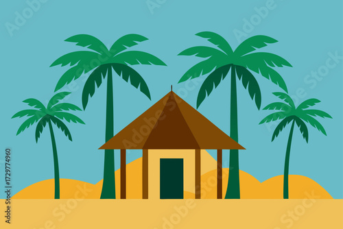 Tropical beach scene with a hut and palm trees under a clear blue sky flat design illustration