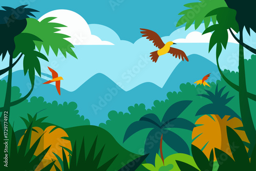 Vibrant tropical jungle landscape with lush green foliage colorful birds in flight and distant mountains under a bright blue sky with clouds