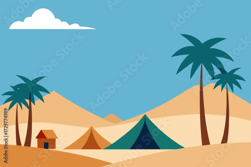 Stylized desert landscape with palm trees tents a small house and sand dunes under a clear blue sky with a single cloud