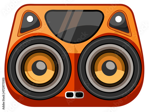 Cartoon illustration of an orange and brown vintagestyled boombox sound system