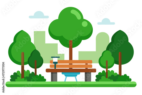 A flat design illustration of a park bench with a lamp and a grill surrounded by trees and city buildings in the background