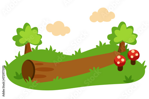 A whimsical cartoon forest scene with a hollow log two playful trees and bright red mushrooms under a sky with fluffy clouds