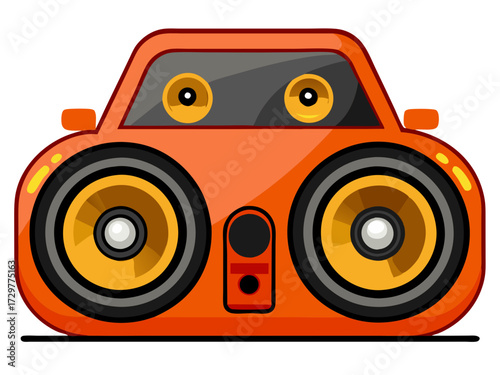Cartoon Orange Car Shaped Stereo System with Googly Eyes and Speakers