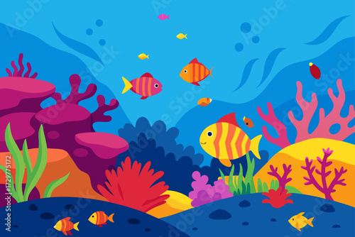 Colorful cartoon underwater scene with vibrant coral reefs and playful striped fish swimming in the blue ocean water