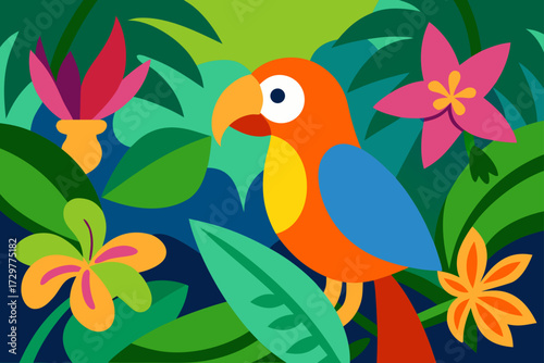 Wallpaper Mural Vibrant abstract illustration of a colorful parrot perched amidst lush tropical foliage and exotic flowers in a stylized jungle setting Torontodigital.ca