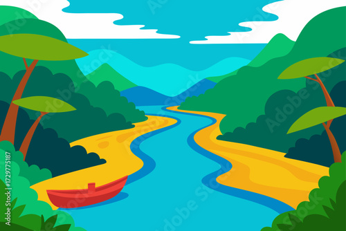 A vibrant stylized illustration of a winding blue river flowing through lush green jungle mountains with a sandy bank and a solitary red boat
