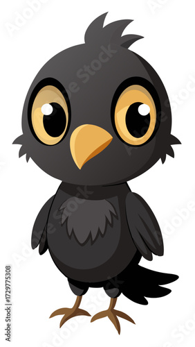 Cartoon Illustration of a Little Black Bird with Yellow Eyes and Beak